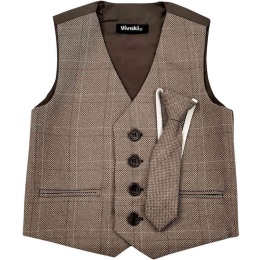 Boys Brown Check Barleycorn Tweed Waistcoat & Tie