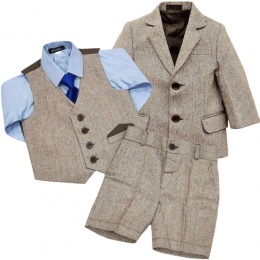 Boys Brown Tweed Herringbone 5 Piece Shorts Suit with Jacket