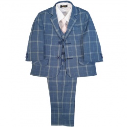 Boys Chambray Blue Check 5 Piece Slim Fit Suit