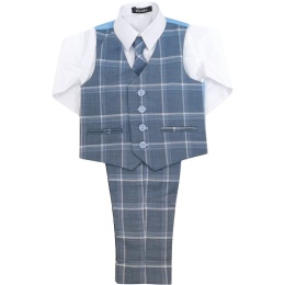 Boys Chambray Blue Tartan Check 4 Piece Trouser Suit