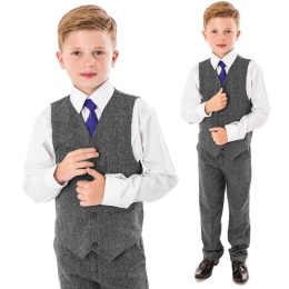 Boys Dark Grey Herringbone Tweed 4 Piece Waistcoat Suit