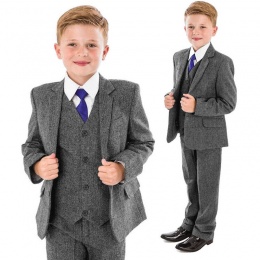 Boys Dark Grey Herringbone Tweed 5 Piece Jacket Suit