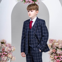 Boys Dark Navy Check Soft Tweed 5 Piece Jacket Suit