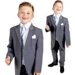 Boys Grey & Blue 8 Piece Slim Fit Tail Jacket Suit