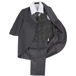 Boys Grey & Tartan Tweed Blue Check Tail Jacket Suit