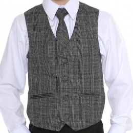 Boys Grey Tartan Tweed Look Waistcoat with Orange Check