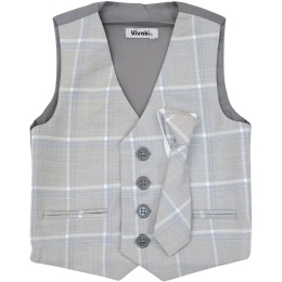 Boys Light Grey Tartan Check Waistcoat & Tie