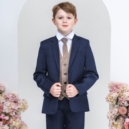 Boys Navy & Brown Check Barleycorn Tweed 5 Piece Suit