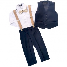 Boys Navy Trouser Suit with Dickie Bow & Braces