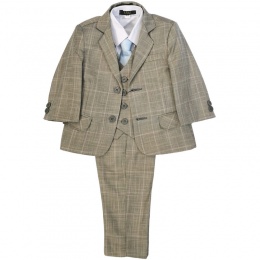 Boys Olive Grey Check 5 Piece Slim Fit Suit