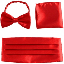 Boys Red Satin Cummerbund with Dickie Bow Tie & Pocket Square