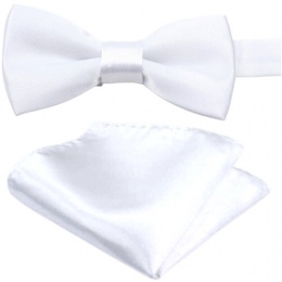 Boys White Satin Adjustable Dickie Bow & Pocket Square