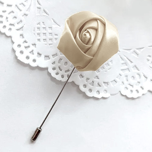 Champagne Gold Satin Rose Flower Buttonhole Lapel Pin
