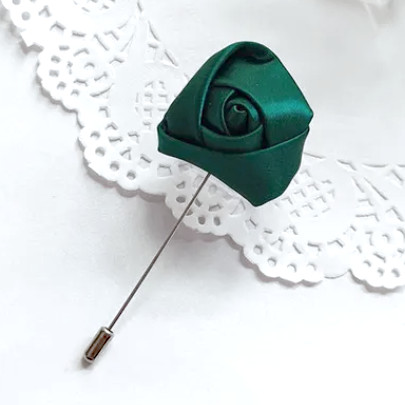 Dark Green Satin Rose Flower Buttonhole Lapel Pin
