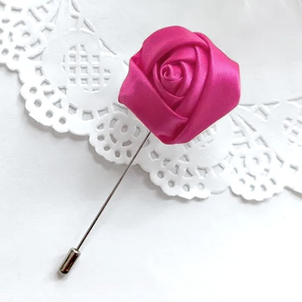 Fuchsia Pink Satin Rose Flower Buttonhole Lapel Pin