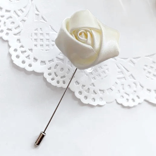 Ivory Satin Rose Flower Buttonhole Lapel Pin