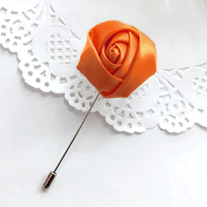 Orange Satin Rose Flower Buttonhole Lapel Pin