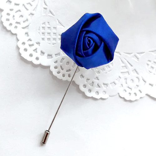 Royal Blue Satin Rose Flower Buttonhole Lapel Pin