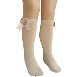 Girls Beige Knee Length Satin Bow Socks