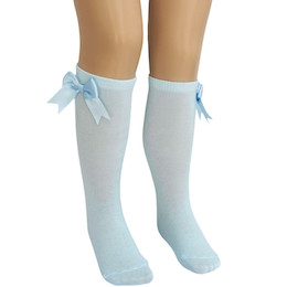 Girls Baby Blue Knee Length Satin Bow Socks