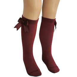 Girls Wine Knee Length Satin Bow Socks