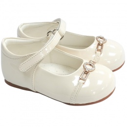 Girls Ivory Diamante Ring Velcro Strap Patent Shoes