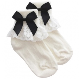 Girls Ivory Lace Socks with Black Satin Bows