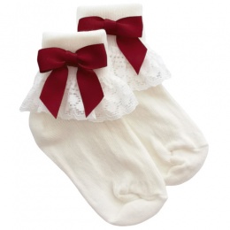 Girls Ivory Lace Socks with Burgundy Satin Bows