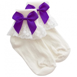 Girls Ivory Lace Socks with Cadbury Purple Satin Bows