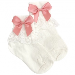 Girls Ivory Lace Socks with Dusty Rose Satin Bows