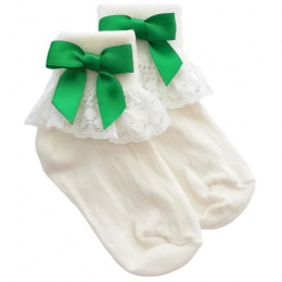 Girls Ivory Lace Socks with Emerald Green Satin Bows