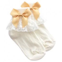 Girls Ivory Lace Socks with Gold Satin Bows