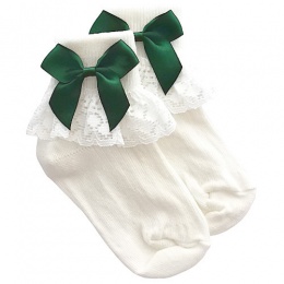 Girls Ivory Lace Socks with Dark Green Satin Bows