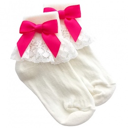 Girls Ivory Lace Socks with Hot Pink Satin Bows