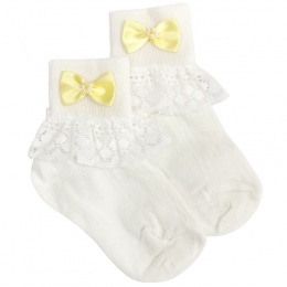 Girls Ivory Lace Socks with Lemon Pearl Bow