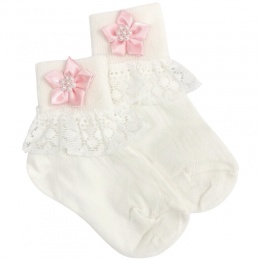 Girls Ivory Lace Socks with Pink Pearl Flower