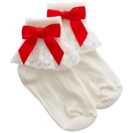 Girls Ivory Lace Socks with Poppy Red Satin Bows