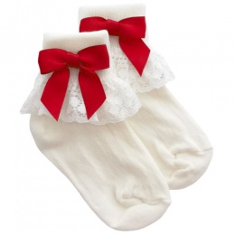 Girls Ivory Lace Socks with Red Satin Bows