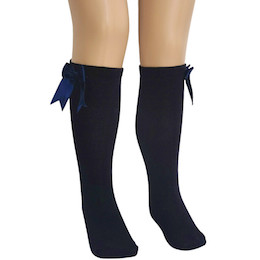 Girls Navy Knee Length Satin Bow Socks