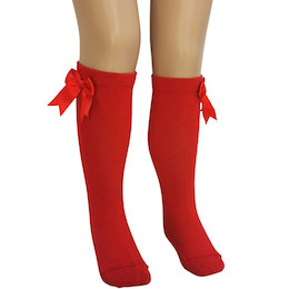 Girls Red Knee Length Satin Bow Socks
