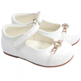 Girls White Diamante Ring Velcro Strap Patent Shoes