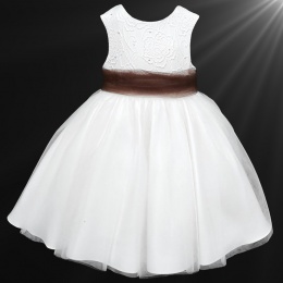 Girls White Diamante & Organza Dress with Brown Sash