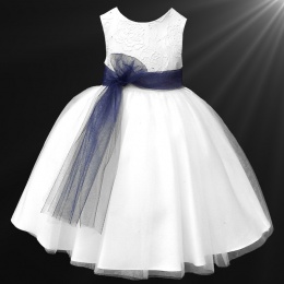 Girls White Diamante & Organza Navy Sash Dress