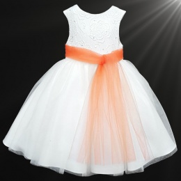 Girls White Diamante & Organza Dress with Orange Sash