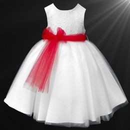 Girls White Diamante & Organza Dress with Red Sash