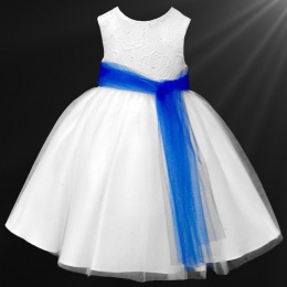 Girls White Diamante & Organza Dress with Royal Blue Sash