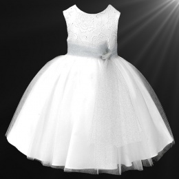 Girls White Diamante & Organza Dress with Sparkly Silver Sash