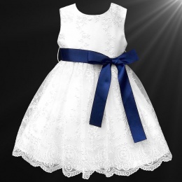 Girls White Floral Lace Dress with Navy Satin Sash