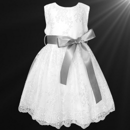 Girls White Floral Lace Dress with Silver Satin Sash