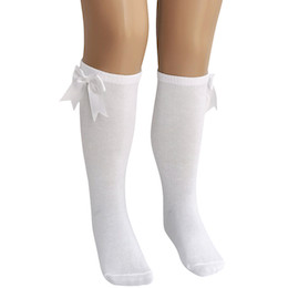 Girls White Knee Length Satin Bow Socks
